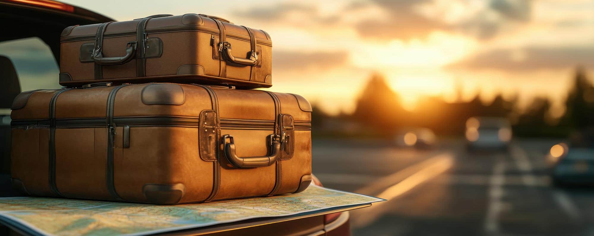 Bagages de voyage et carte routière au coucher du soleil, prêts pour un road trip