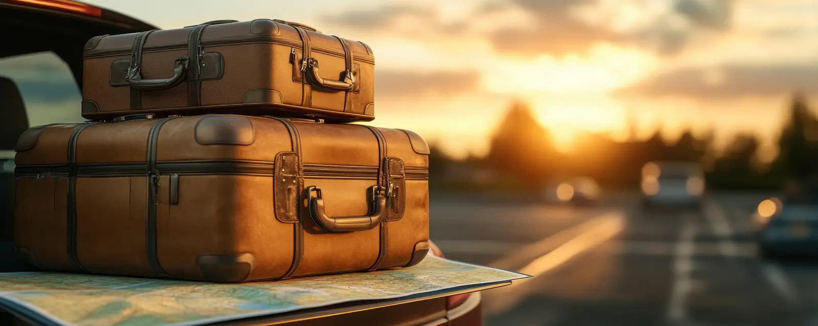 Bagages de voyage et carte routière au coucher du soleil, prêts pour un road trip